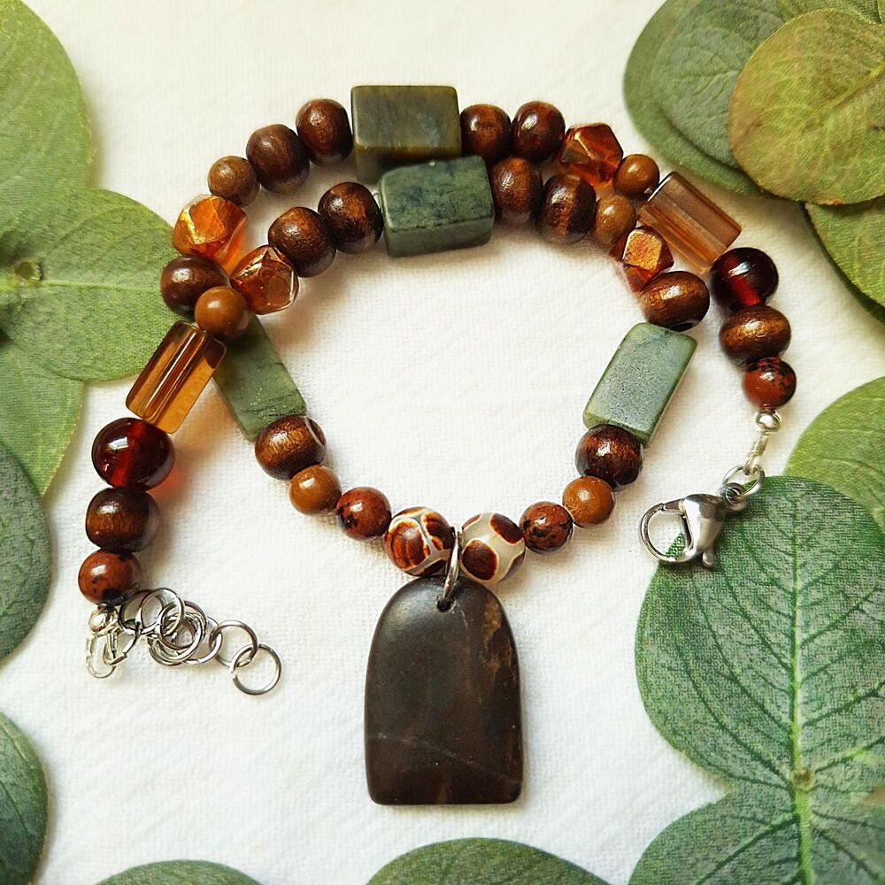Goblincore Stone Pendant Necklace – Adjustable Serpentine, Jasper Stone Choker